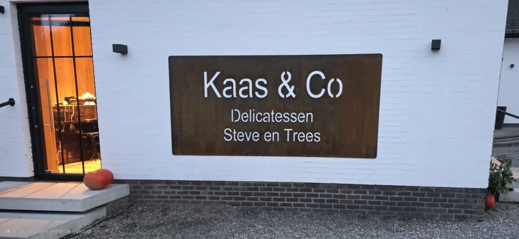 Cortenstalen reclamebord voor delicatessenzaak, op maat gemaakt met uitgesneden naam